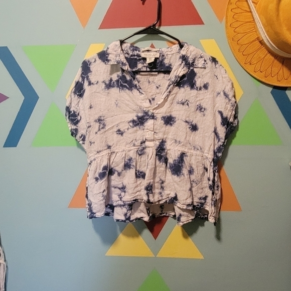 Rachel Zoe Women's Linen Blouse White And Blue Tie Dye Ruffle Hem  Size Medium - Picture 2 of 7